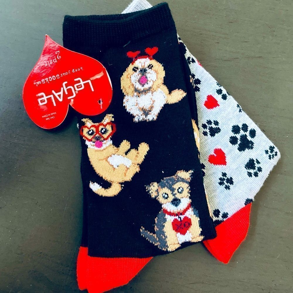 Valentine Dogs 2-pr Dog Paw Print Adult Fun Socks